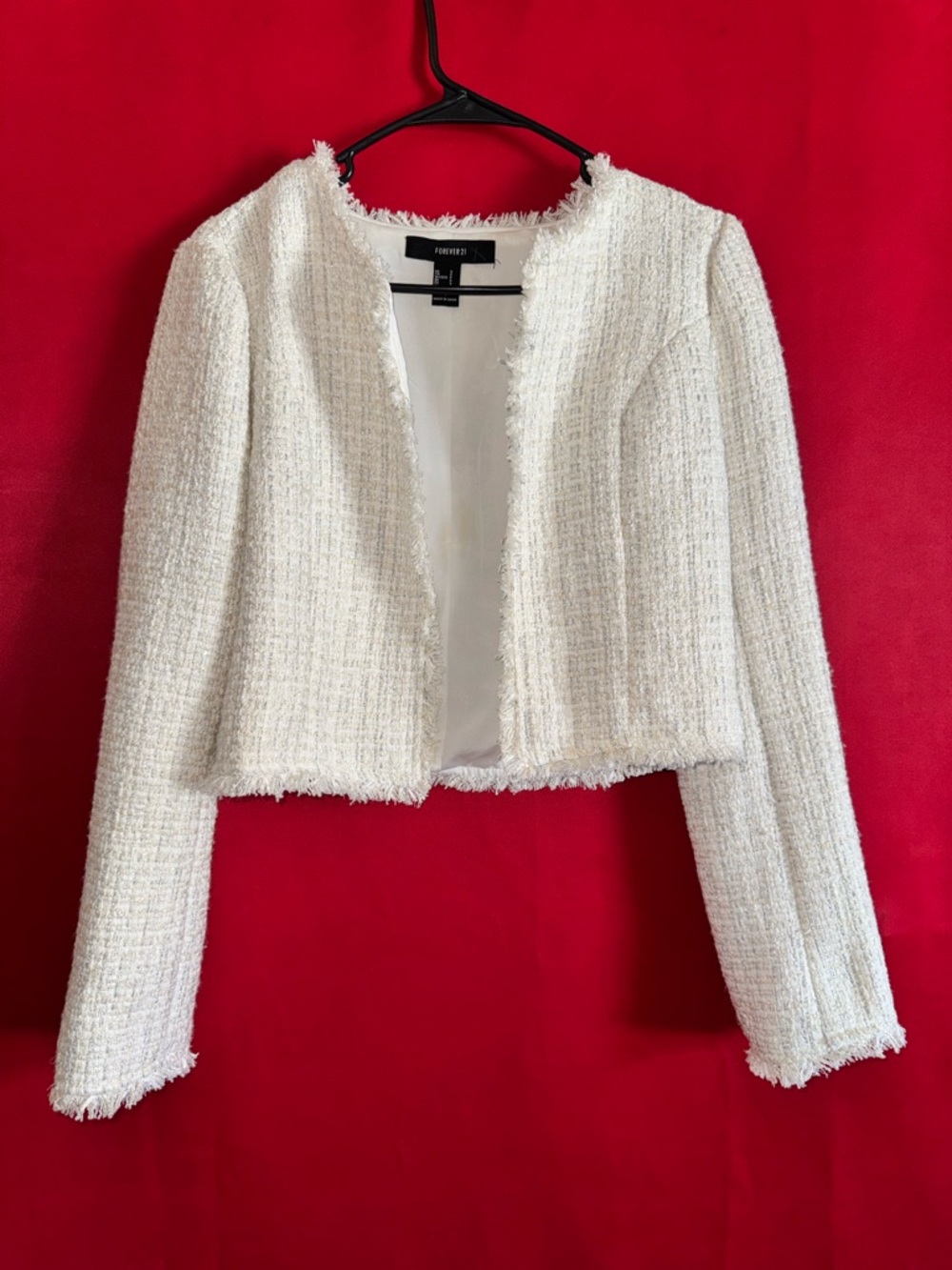 #412-Forever 21 Gorgeous White Tweed Open-Front Cropped Jacket Size Small